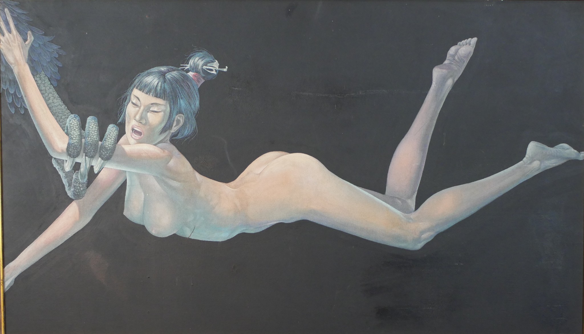 20th century, Thai inspired nude female, with serpent crawling on her arm, oil on canvas, signed and