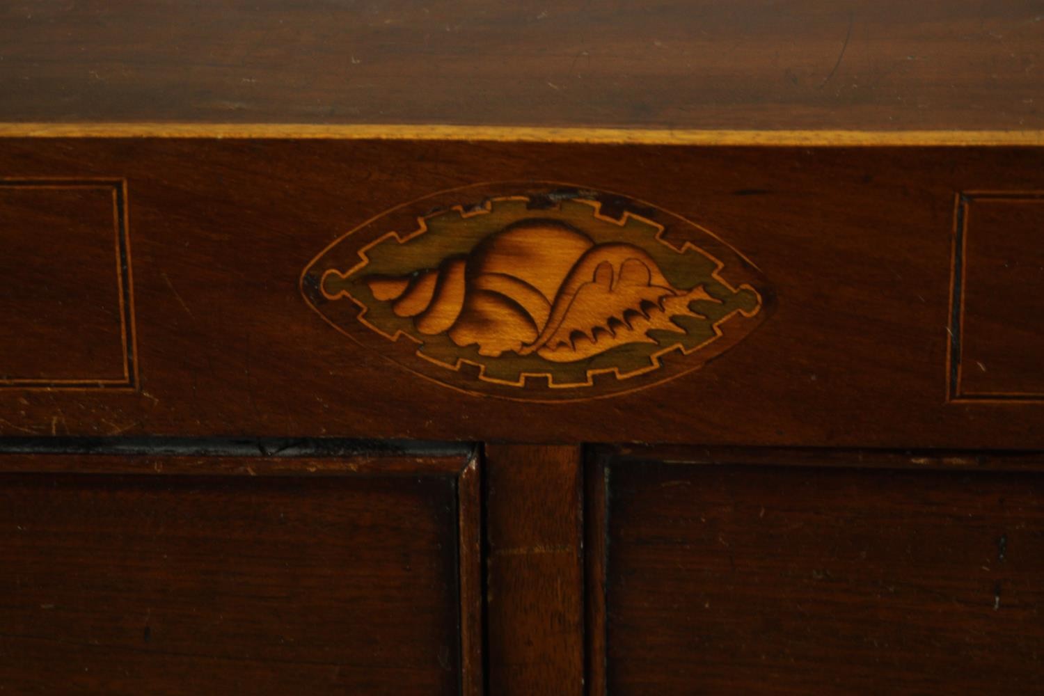 A Georgian inlaid mahogany chest of two short over three graduating drawers, raised on shaped - Image 4 of 8