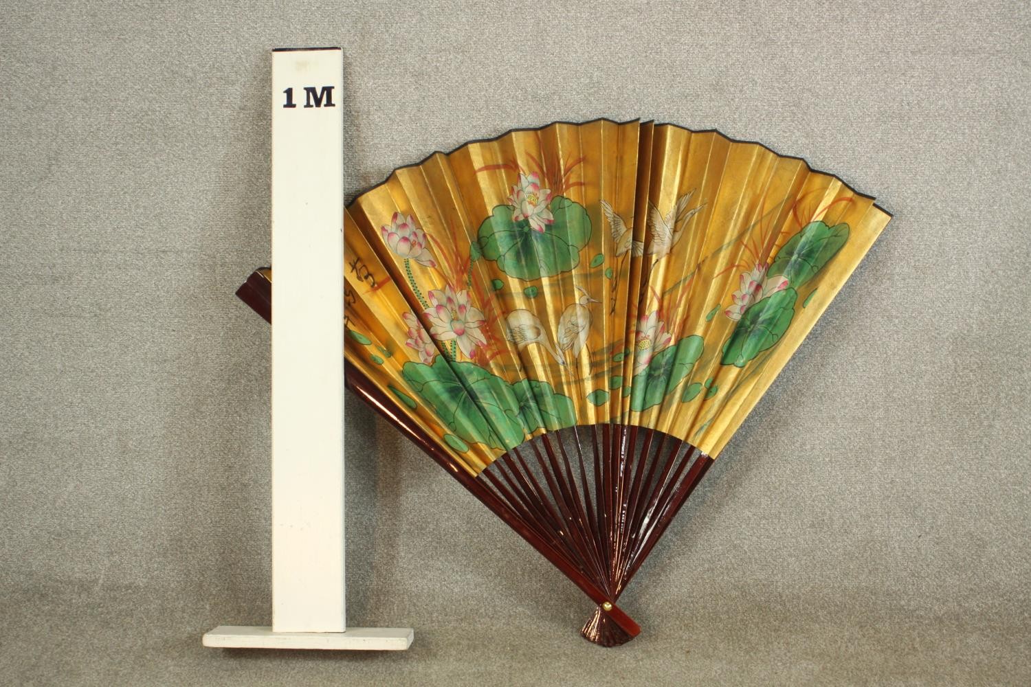 A large 20th century Chinese paper fan decorated with waterlilies. H.89 W.140cm. - Image 2 of 8