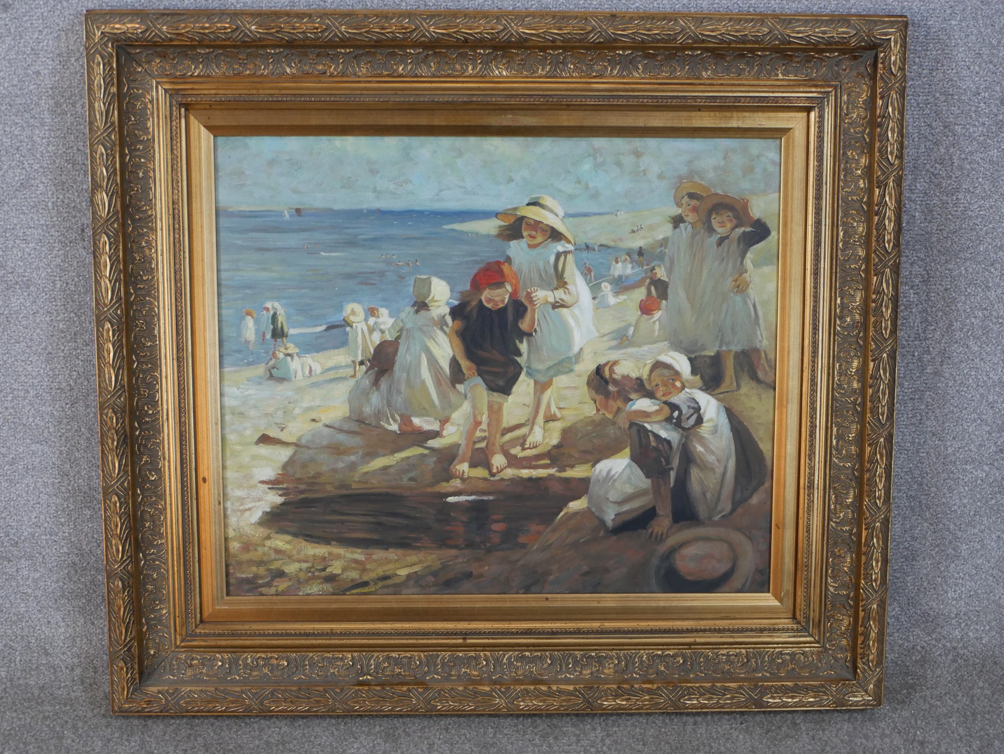 20th century, British school, children playing on the beach, oil on board, gilt framed. H.76 W.86cm - Image 2 of 6