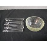 Ten assorted hand blown glass swizzle sticks, together a hand blown glass bowl. H.21 W.1 D.1cm