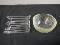 Ten assorted hand blown glass swizzle sticks, together a hand blown glass bowl. H.21 W.1 D.1cm