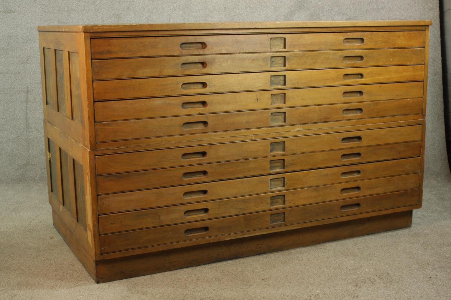 An early 20th century beech ten drawer plan chest, each with incised handles. H.92 W.148 D.90cm. - Image 3 of 8