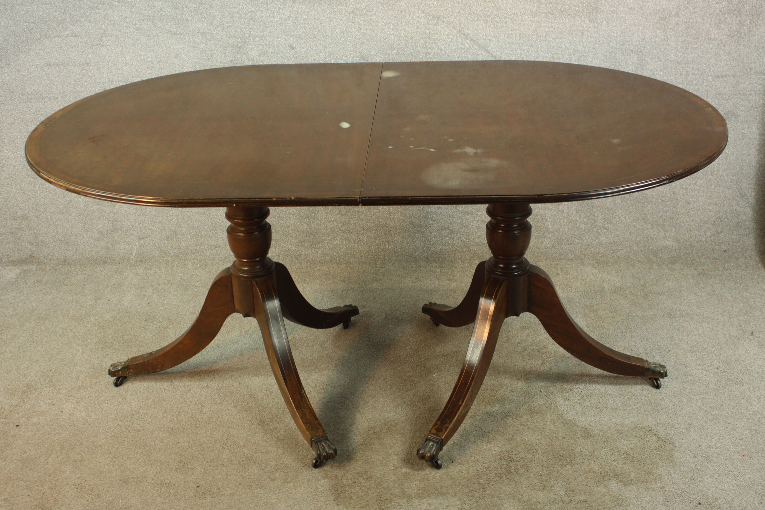 A 20th century Regency style mahogany twin pedestal dining table, raised on turned columns on tripod - Image 2 of 9