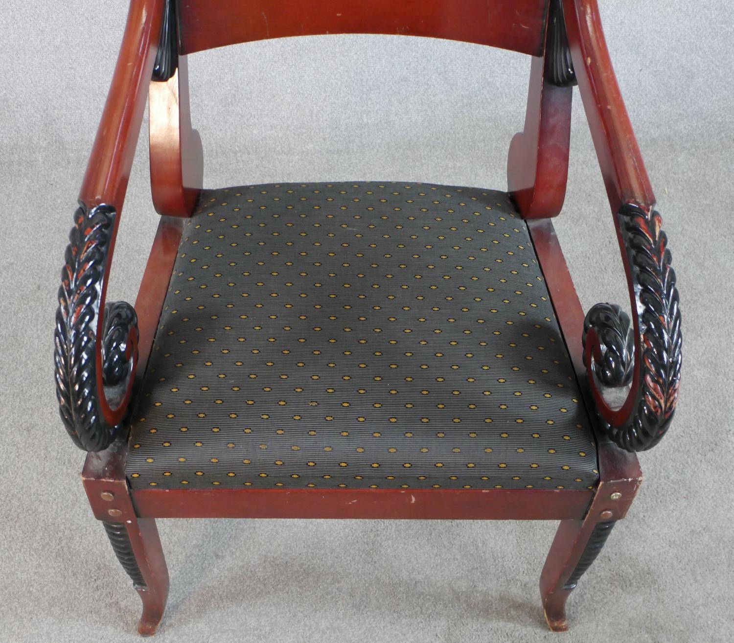 A pair of Regency style mahogany open arm chairs, with drop in seats, the scroll arms with carved - Image 3 of 5