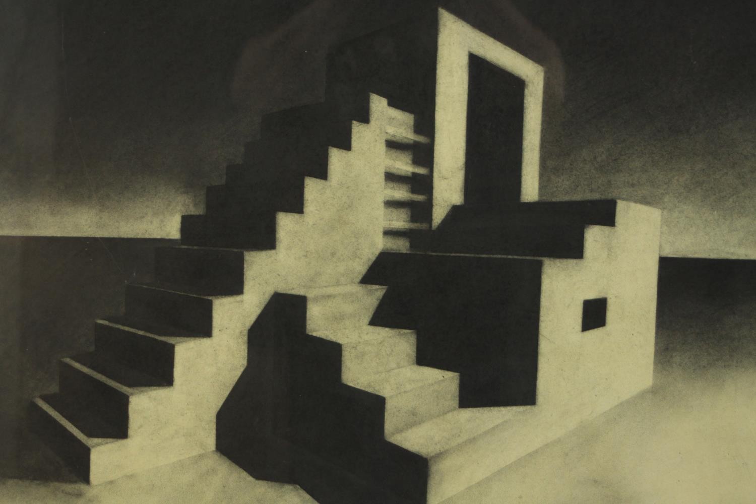 20th century, labyrinth staircase, monochrome print on paper, framed. H.79 W.96cm.