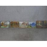 Moberly (20th century), five assorted paintings comprising man loading hay, cottage behind some