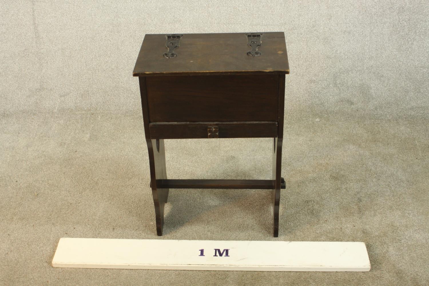 A 19th century stained oak floor standing sewing box, raised on pierced heart shaped trestle - Image 2 of 5