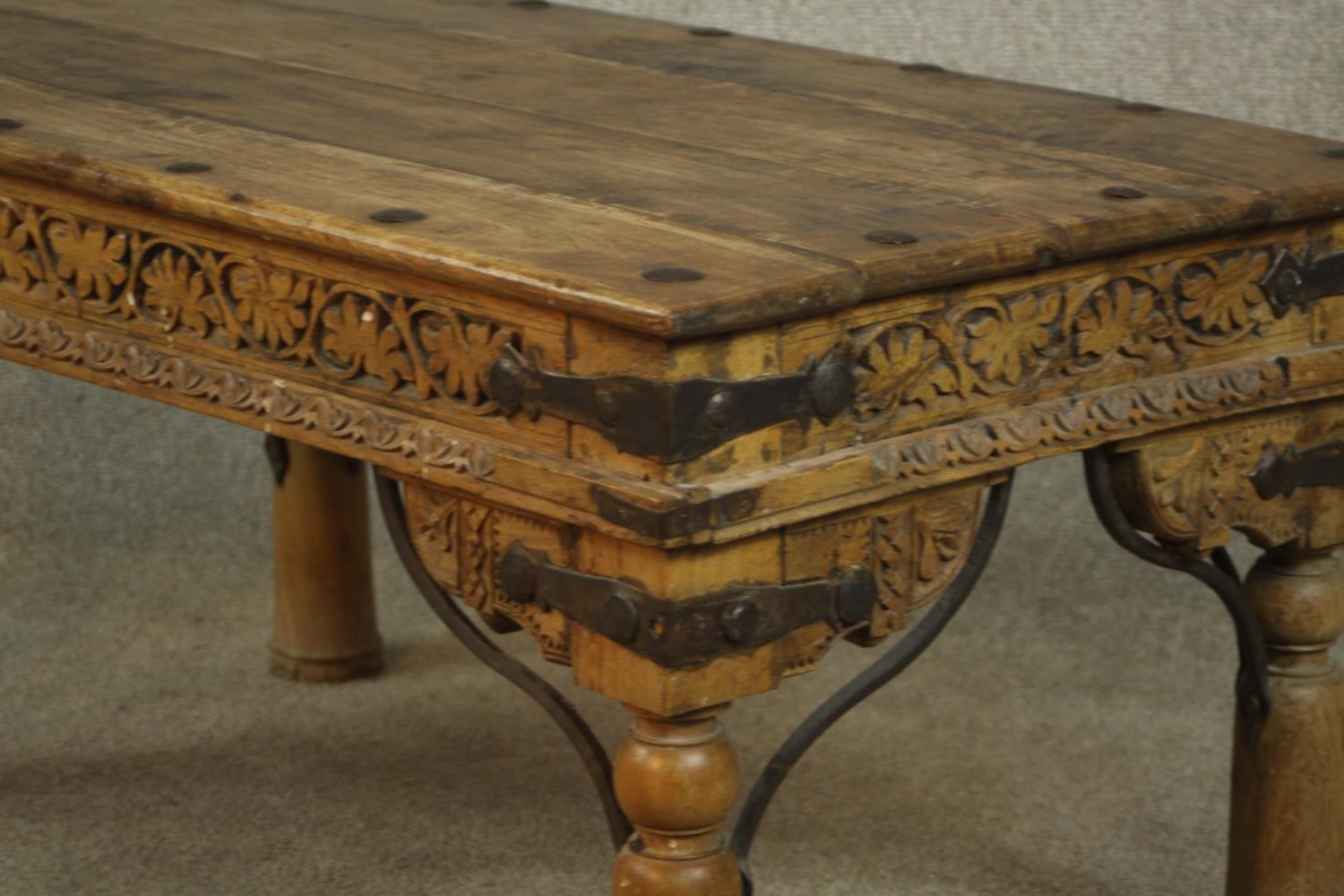 An late 20th century Eastern hardwood and cast iron table raised on turned supports. H.44 W.90 D. - Image 6 of 6