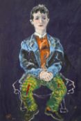 20th century, Continental school, man in blue in jacket with green trousers, acrylic on board,