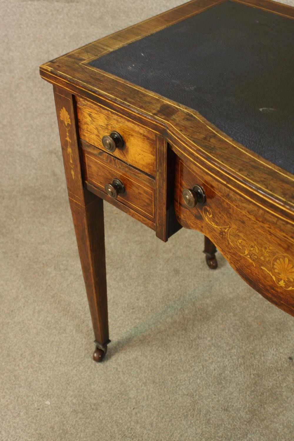 An Edwardian inlaid rosewood bowfronted leather topped writing desk, with single long drawer - Image 9 of 9
