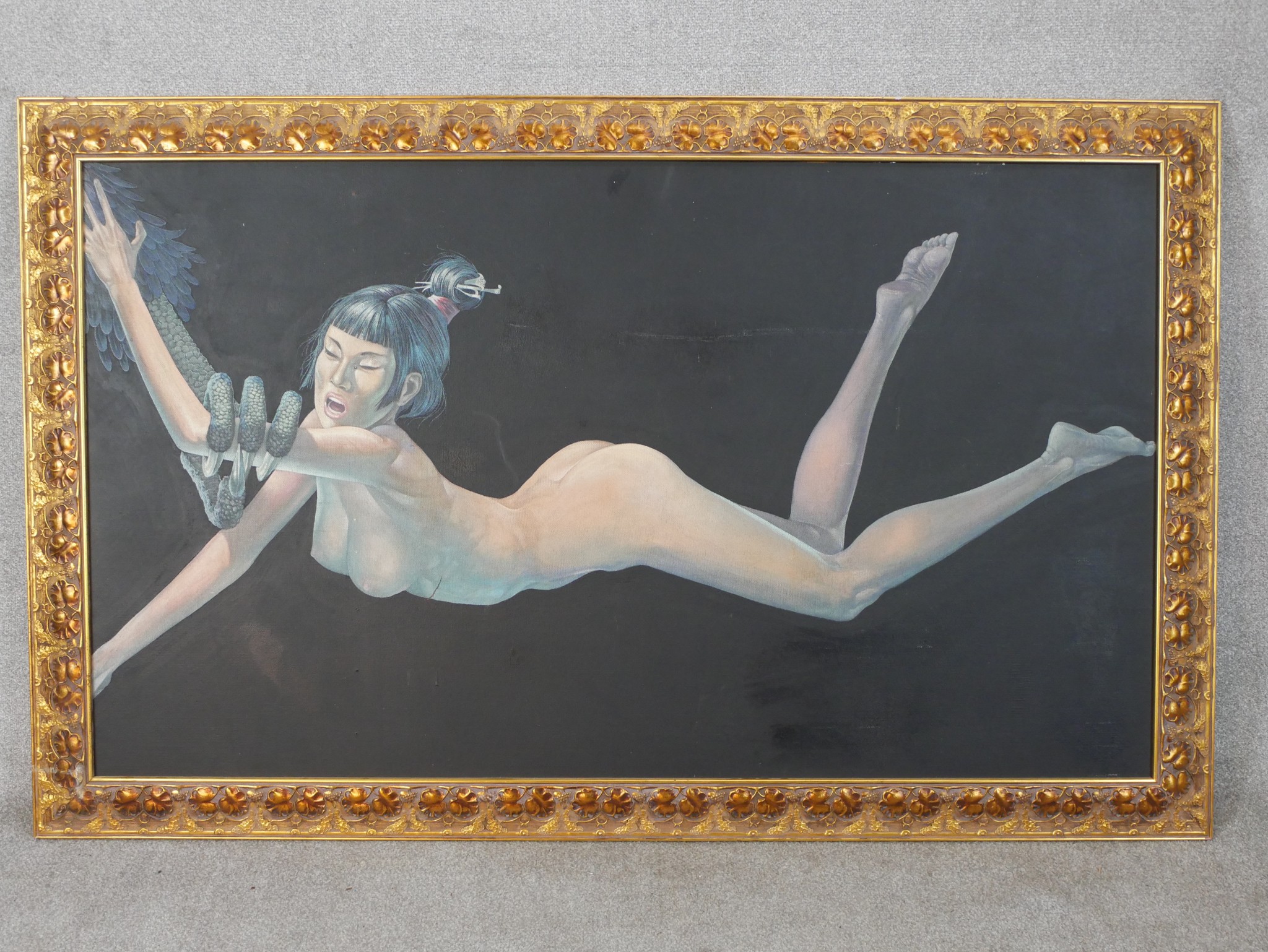 20th century, Thai inspired nude female, with serpent crawling on her arm, oil on canvas, signed and - Image 2 of 7