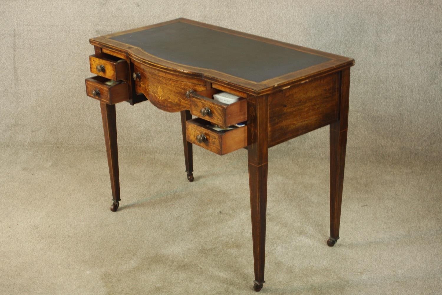 An Edwardian inlaid rosewood bowfronted leather topped writing desk, with single long drawer - Image 5 of 9