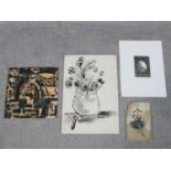 Four unframed prints comprising 20th century Abstract, indistinctly signed, a 20th century print