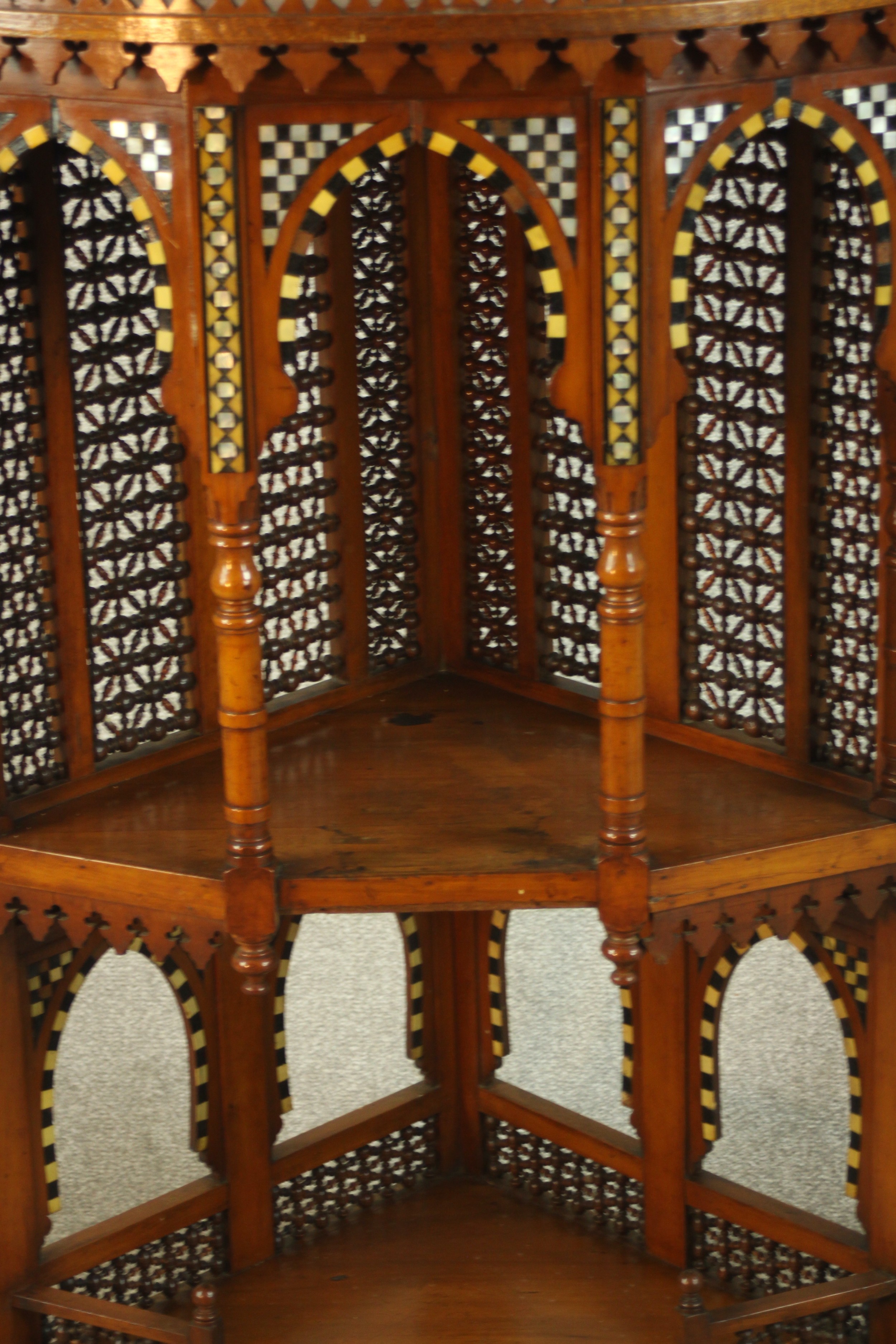 A set of 20th century bone inlaid hardwood, probably from Rajasthan, corner open hanging shelves. - Image 10 of 10