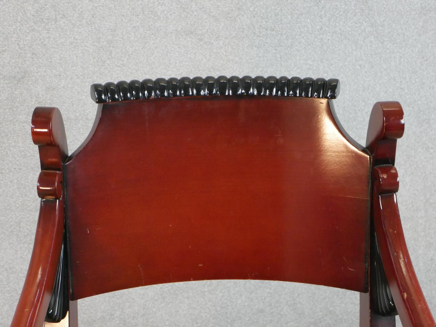 A pair of Regency style mahogany open arm chairs, with drop in seats, the scroll arms with carved - Image 4 of 5