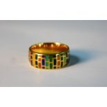An 18 carat yellow gold multi coloured enamel brick pattern wide D-shape band. Stamped 585, AG. Size