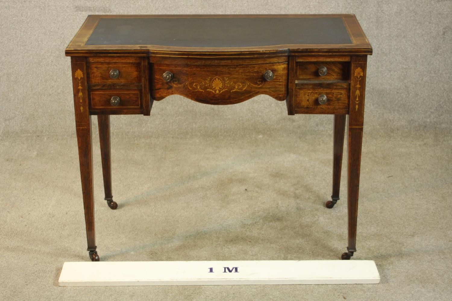 An Edwardian inlaid rosewood bowfronted leather topped writing desk, with single long drawer - Image 2 of 9