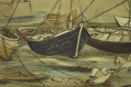 Sheila (Contemporary), fishing boats on the shore, oil on board, framed. H.49 W.113cm.