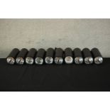 A set of ten cylindrical wall mounted electric studio/picture lights. H.23 W.8 D.22cm each