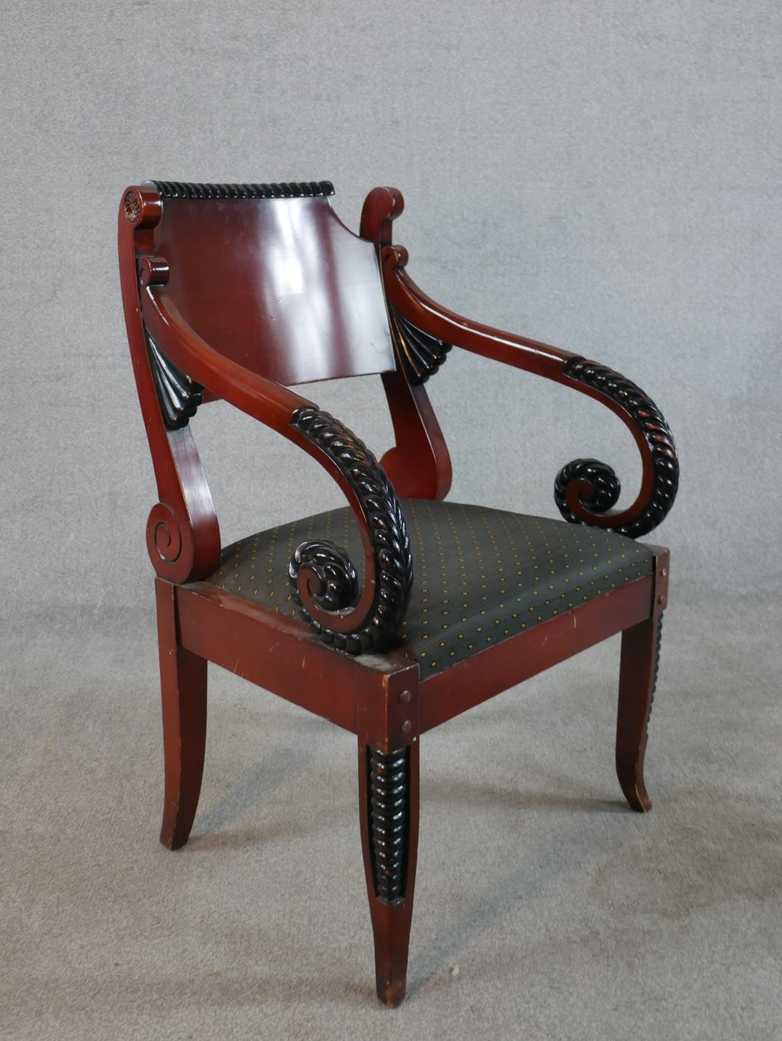 A pair of Regency style mahogany open arm chairs, with drop in seats, the scroll arms with carved - Image 5 of 5