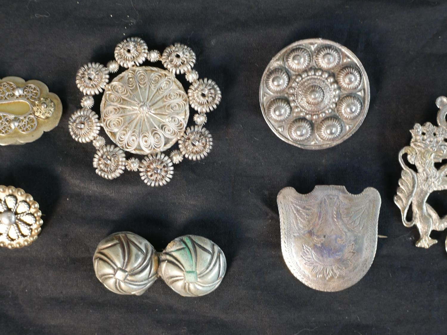 A collection of nine Danish silver and white metal traditional folk costume brooches, one with a - Image 2 of 5