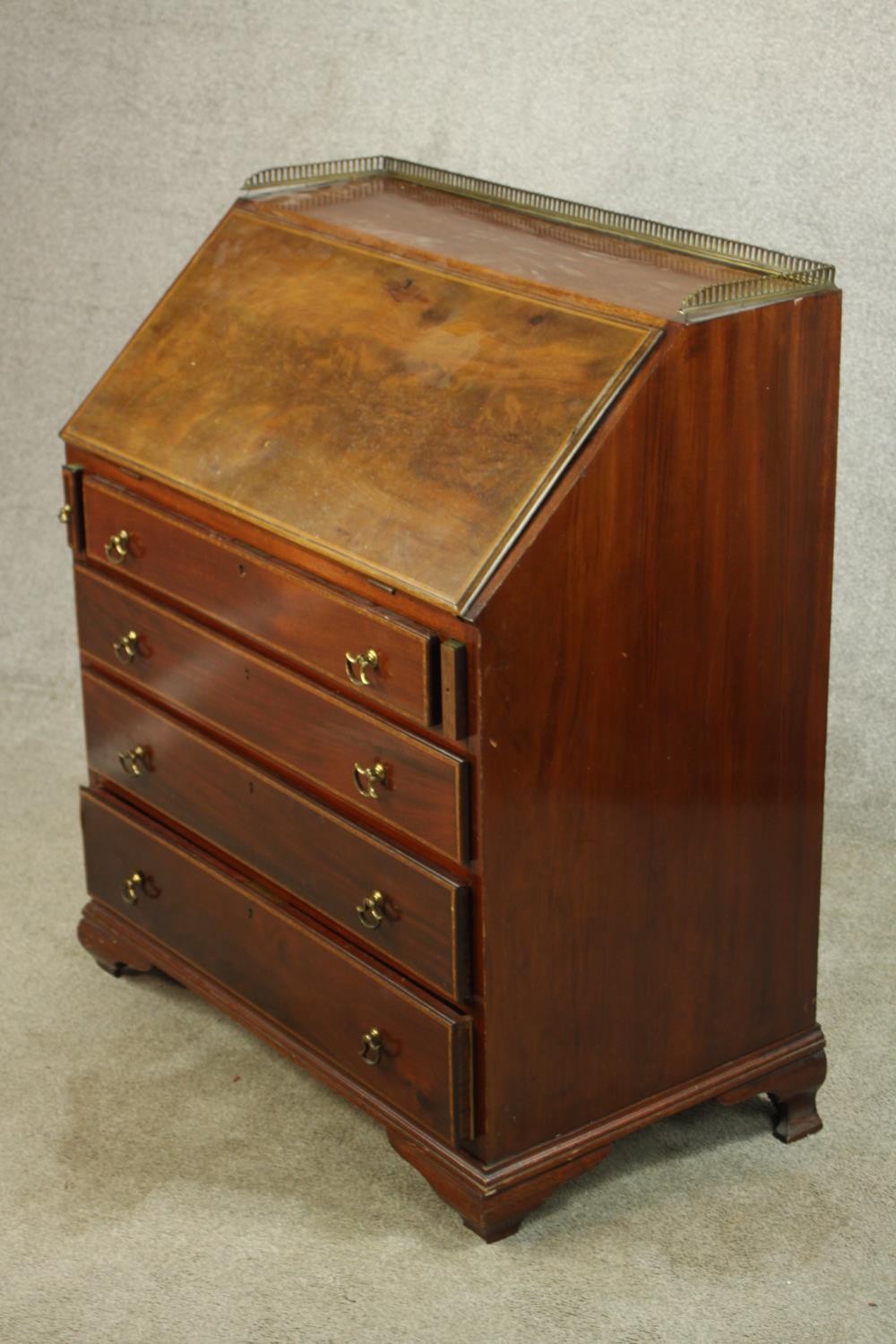 An Edwardian inlaid mahogany fall front writing bureau, with brass pierced gallery, the fall front - Image 6 of 9