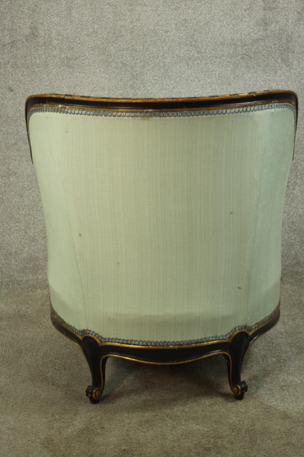 A French Louis XV style tub chair, with egg and dart frame, upholstered in sky blue fabric, raised - Image 9 of 10