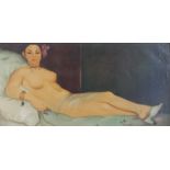 After Manet (Contemporary) Olympia, nude female reclining on a bed, oil on canvas, initialled and
