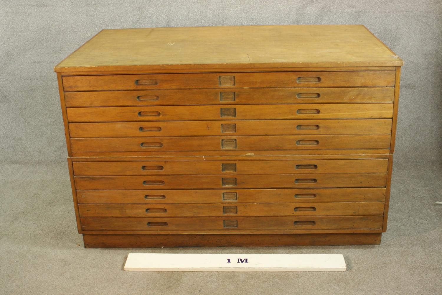 An early 20th century beech ten drawer plan chest, each with incised handles. H.92 W.148 D.90cm. - Image 2 of 8