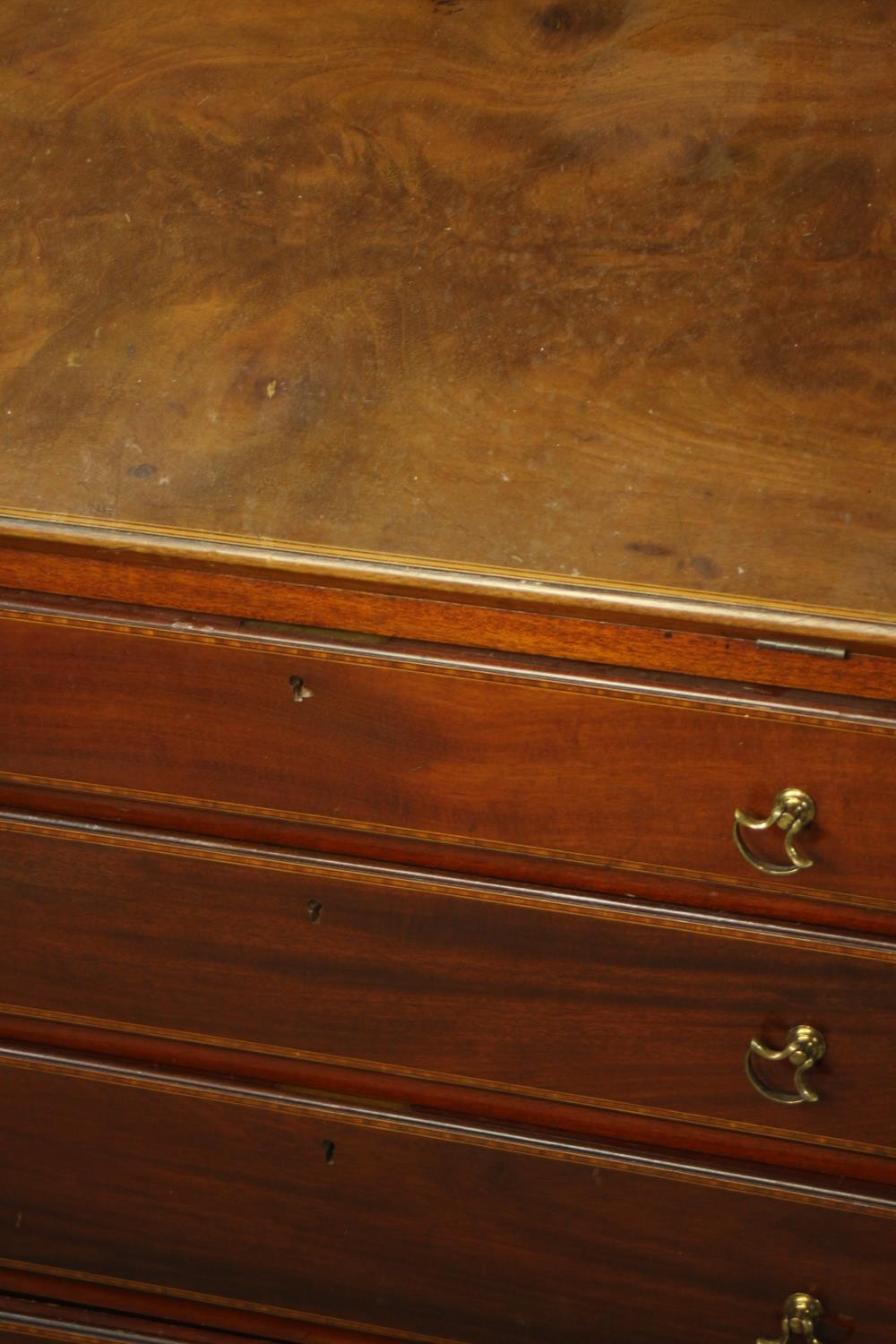 An Edwardian inlaid mahogany fall front writing bureau, with brass pierced gallery, the fall front - Image 7 of 9