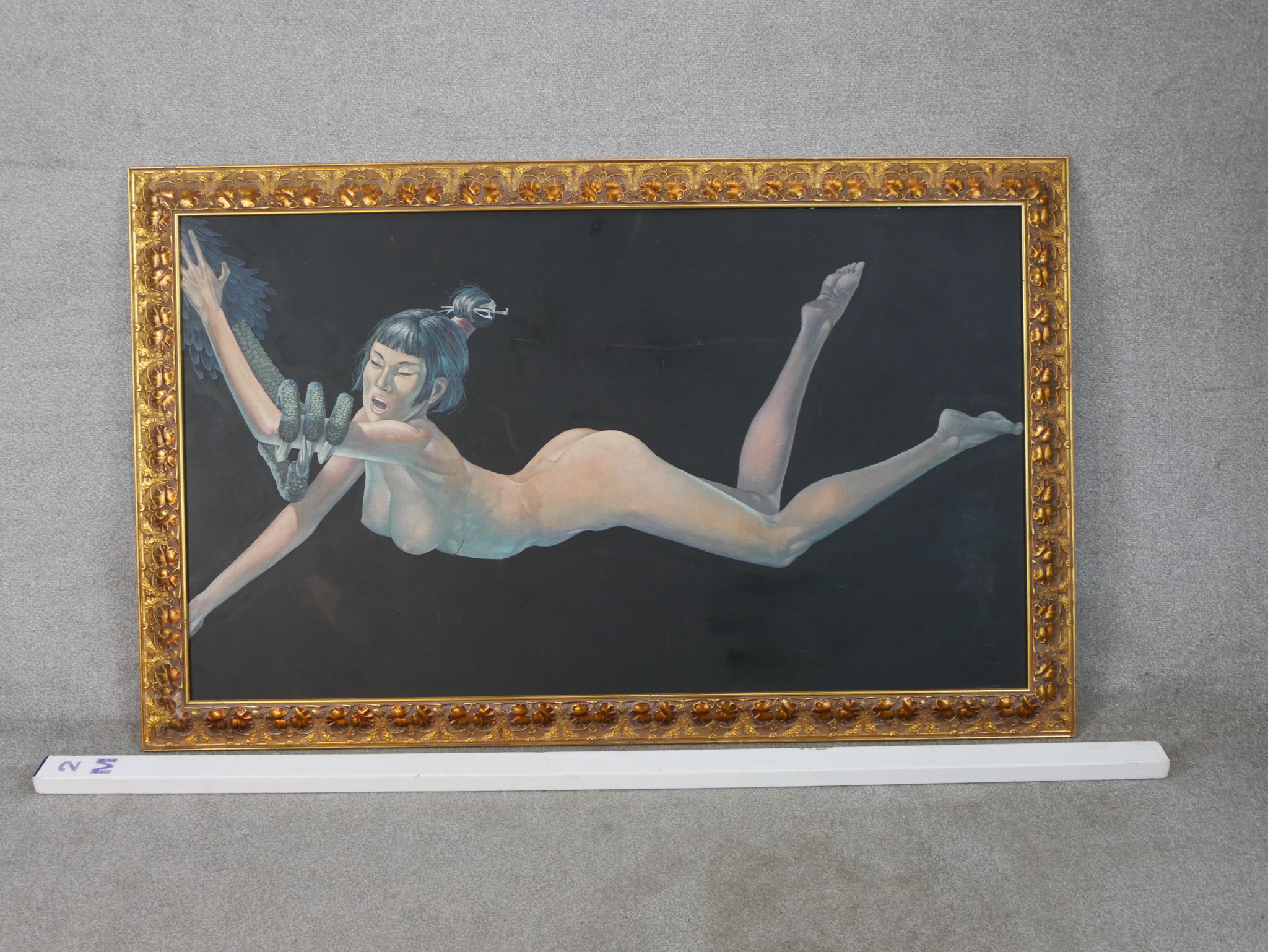 20th century, Thai inspired nude female, with serpent crawling on her arm, oil on canvas, signed and - Image 3 of 7