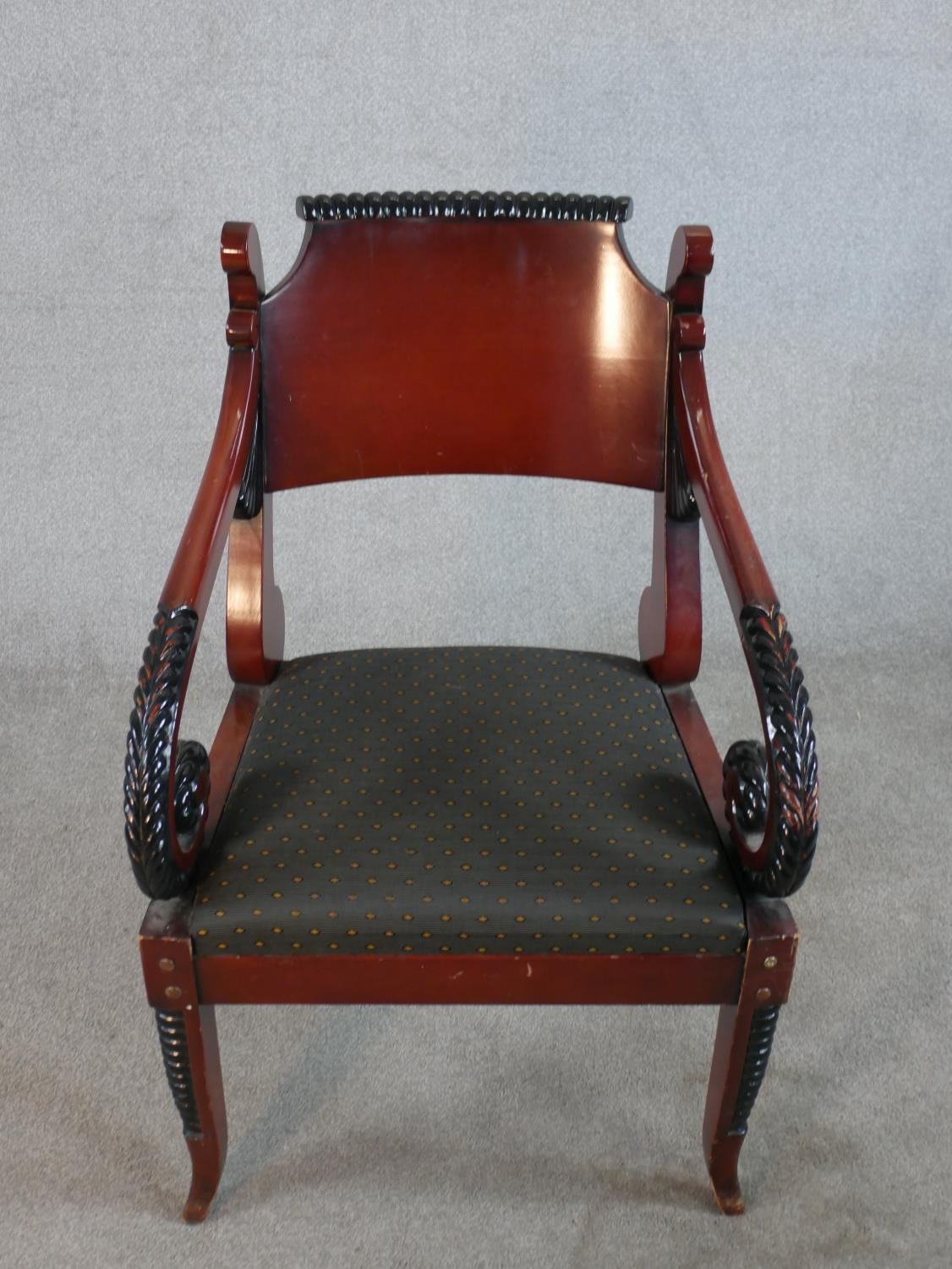 A pair of Regency style mahogany open arm chairs, with drop in seats, the scroll arms with carved - Image 2 of 5