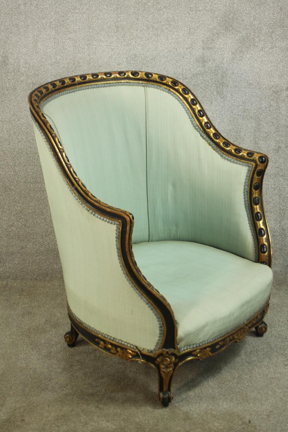 A French Louis XV style tub chair, with egg and dart frame, upholstered in sky blue fabric, raised - Image 6 of 10