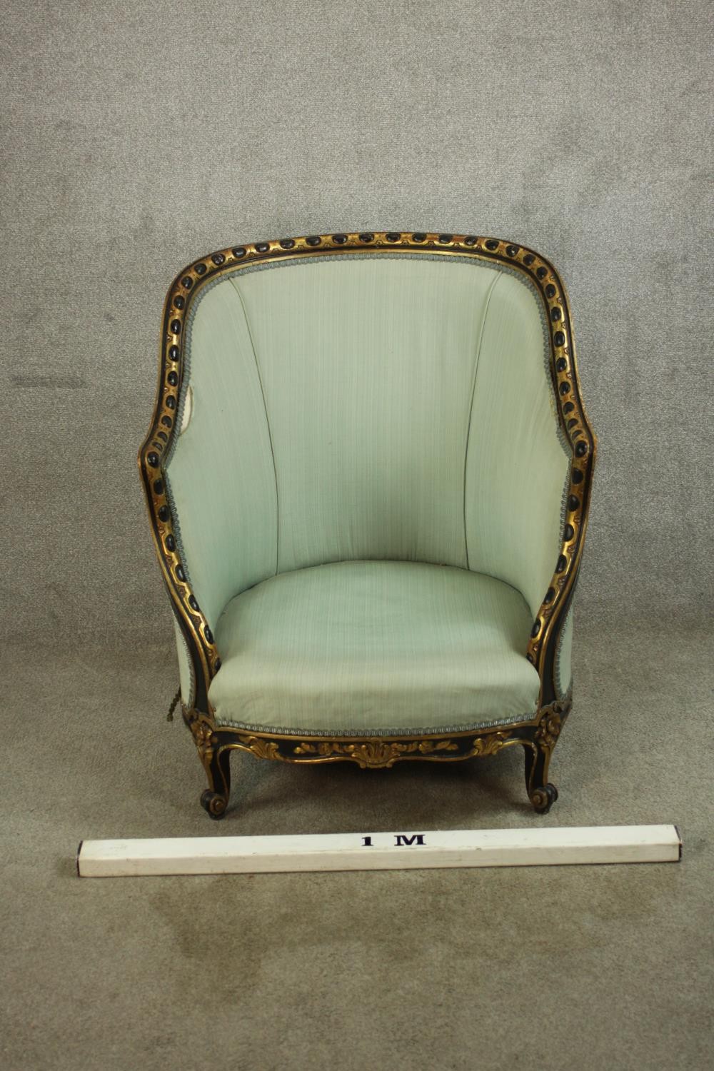 A French Louis XV style tub chair, with egg and dart frame, upholstered in sky blue fabric, raised - Image 2 of 10