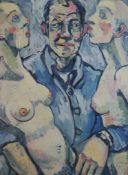 Contemporary, male flanked by two nude females, oil on canvas, unsigned and unframed. H.102 W.76cm