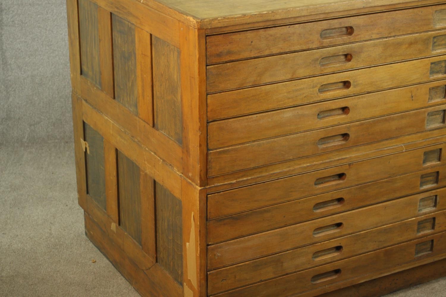 An early 20th century beech ten drawer plan chest, each with incised handles. H.92 W.148 D.90cm. - Image 4 of 8