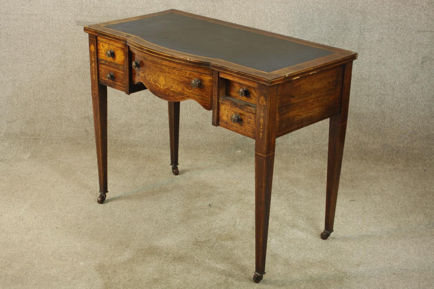 An Edwardian inlaid rosewood bowfronted leather topped writing desk, with single long drawer - Image 4 of 9