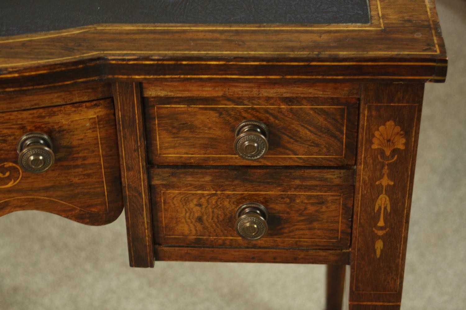 An Edwardian inlaid rosewood bowfronted leather topped writing desk, with single long drawer - Image 6 of 9