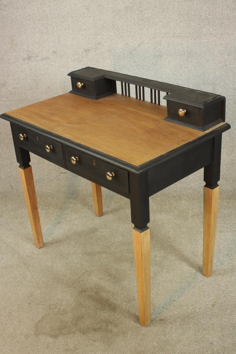 A late 20th painted and stained beech two drawer ladies writing desk, raised on tapering supports. - Image 3 of 7