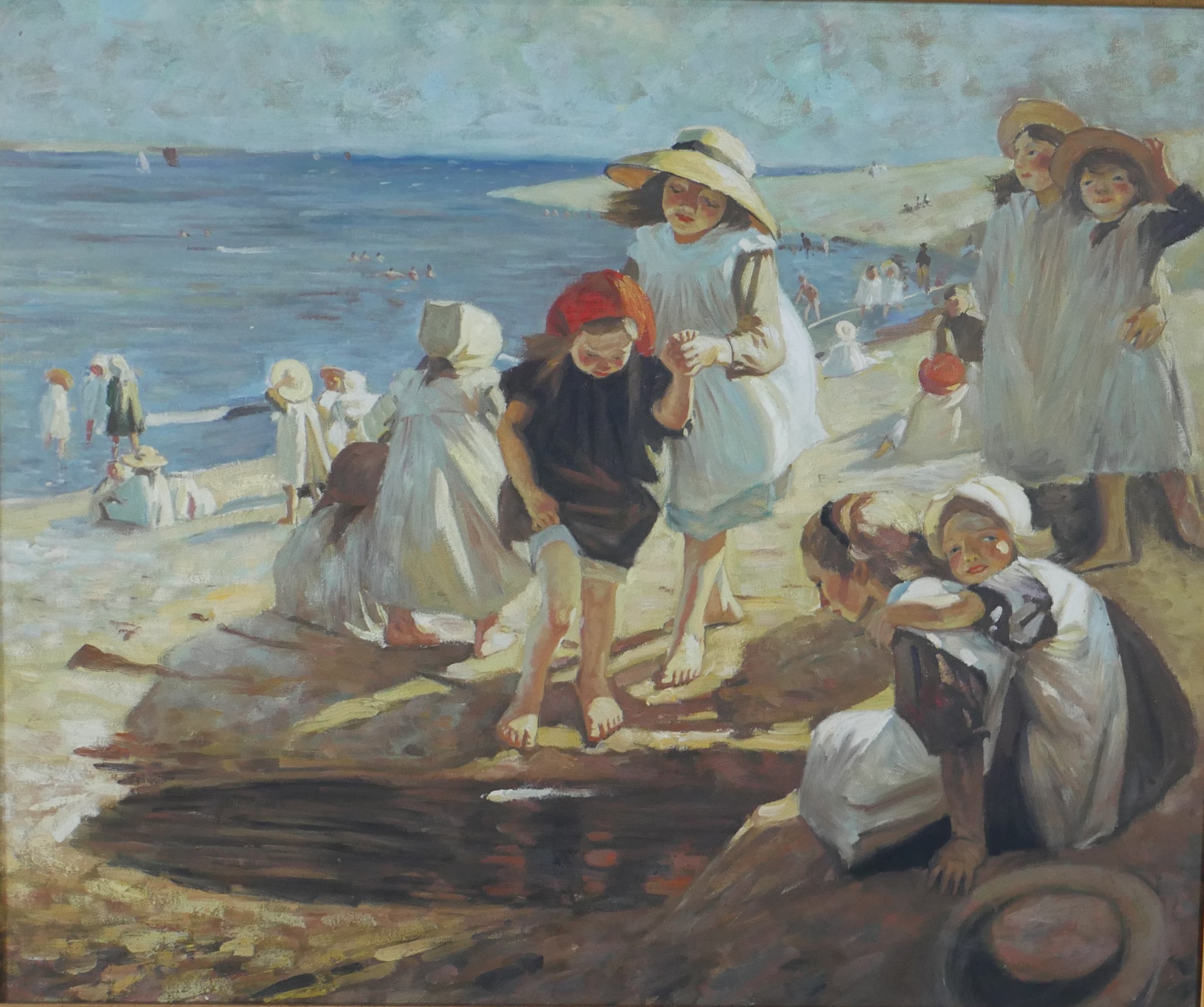 20th century, British school, children playing on the beach, oil on board, gilt framed. H.76 W.86cm