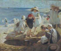 20th century, British school, children playing on the beach, oil on board, gilt framed. H.76 W.86cm