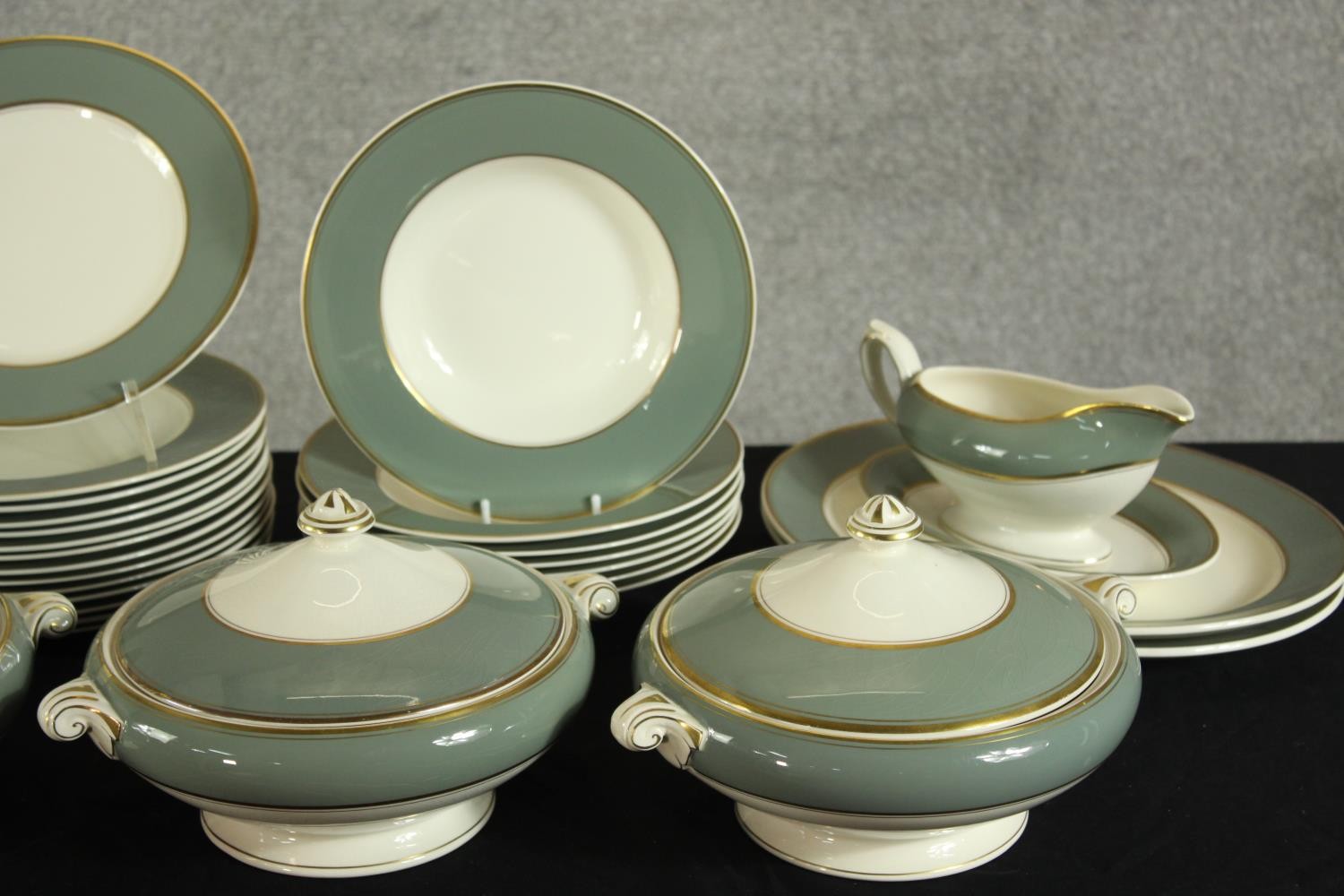 An extensive Crown Ducal porcelain dinner service with grey painted decoration and gold resist - Image 3 of 9