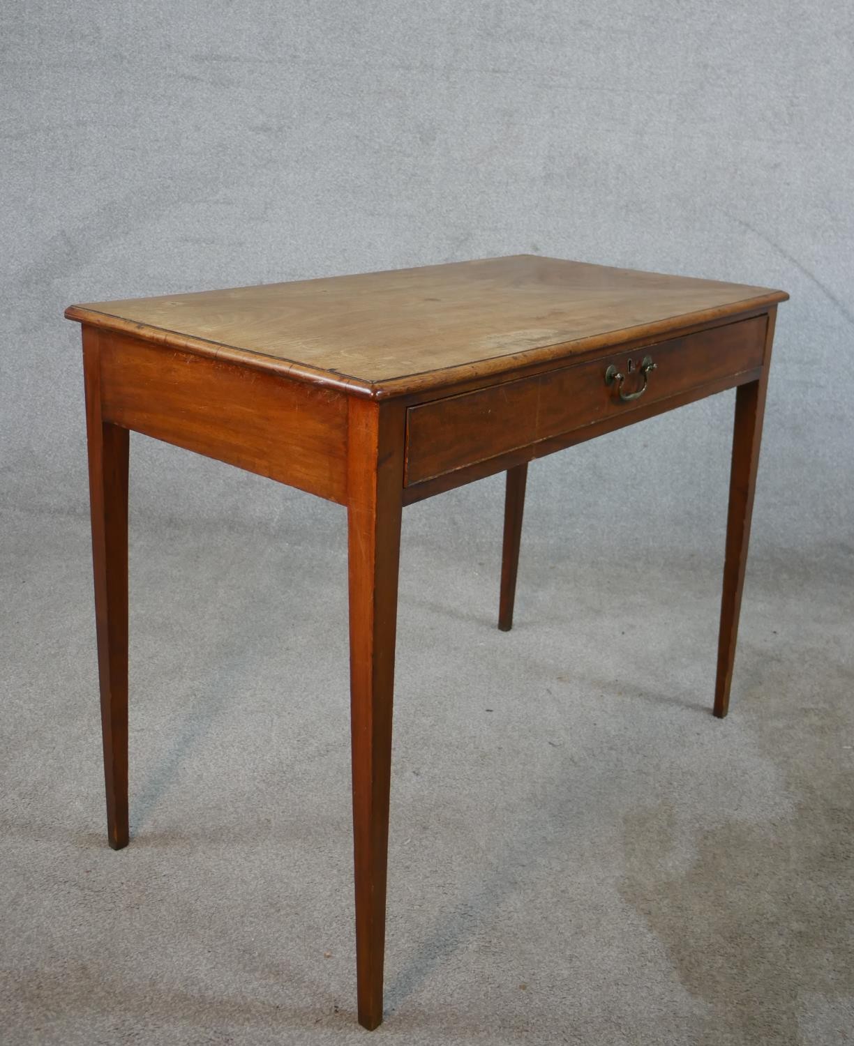 A 19th century mahogany single drawer side table with brass swing handle, raised on square - Image 6 of 6
