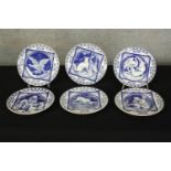 A set of six Minton blue and white pottery plates, designed with various animals by John Moyr Smith,