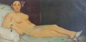 After Manet (Contemporary) Olympia, nude female reclining on a bed, oil on canvas, initialled and