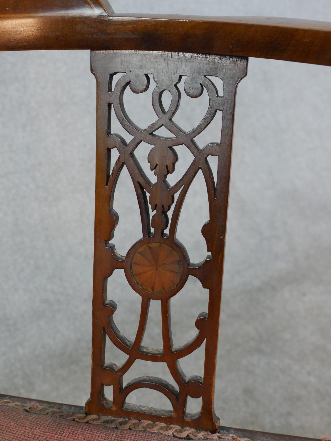 An Edwardian inlaid mahogany pierced splat back corner chair with embroidered seat, raised on X - Image 5 of 6