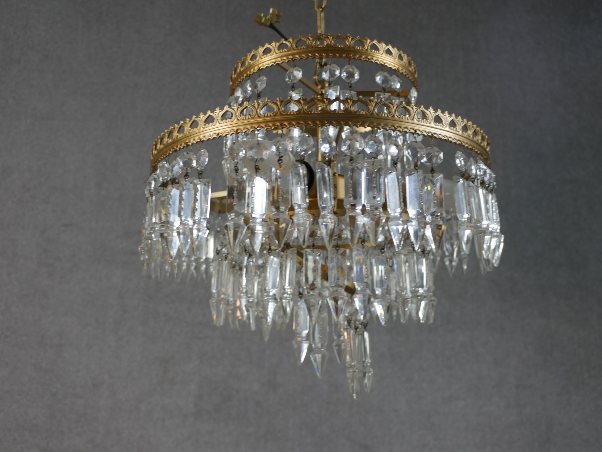 A pair of 20th century gilt metal and glass two tier hanging electroliers. H.62 W.38 D.38cm - Image 8 of 10