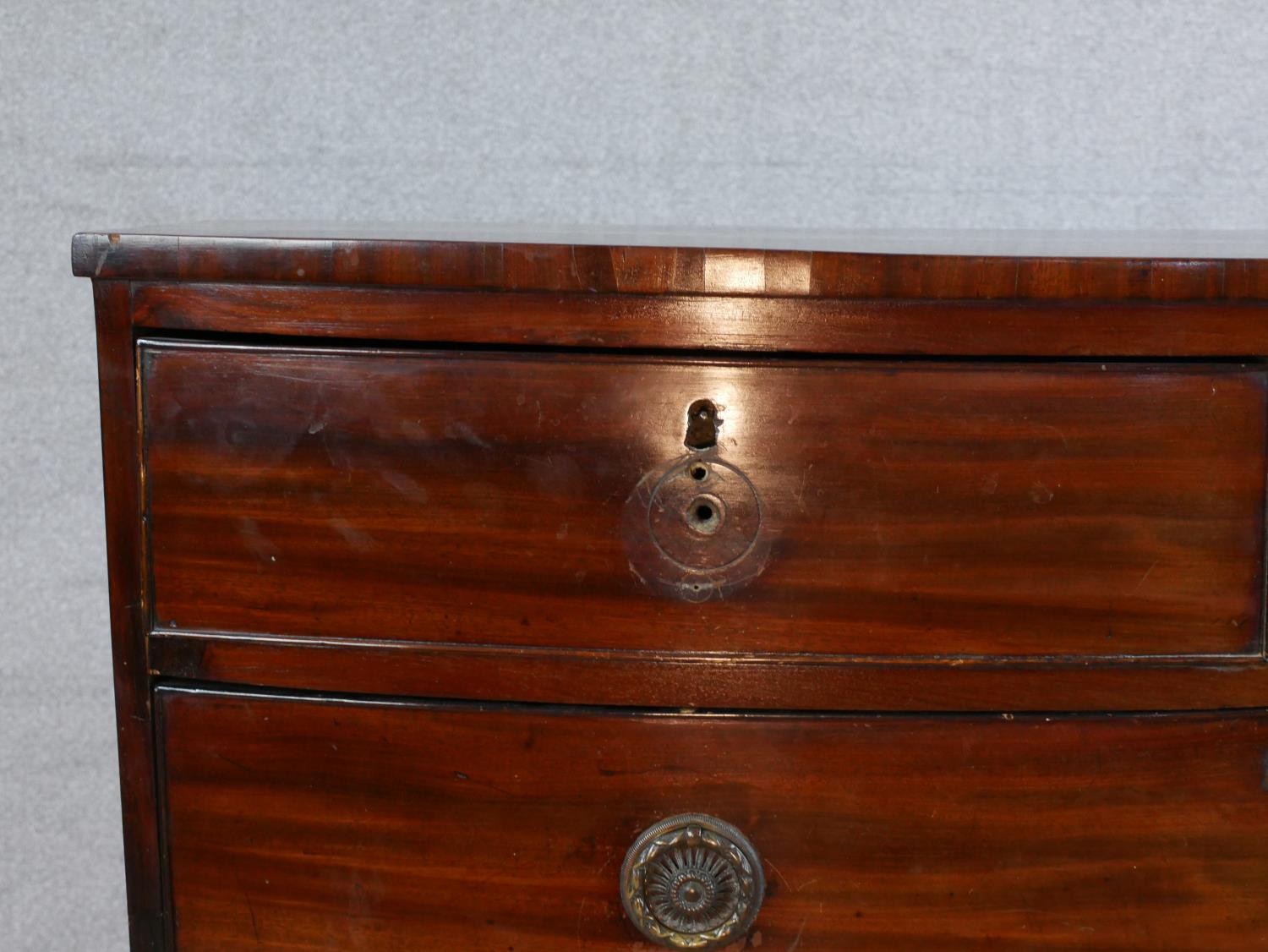 A 19th century mahogany bow fronted chest of two short over three long drawers, raised on shaped - Image 5 of 7