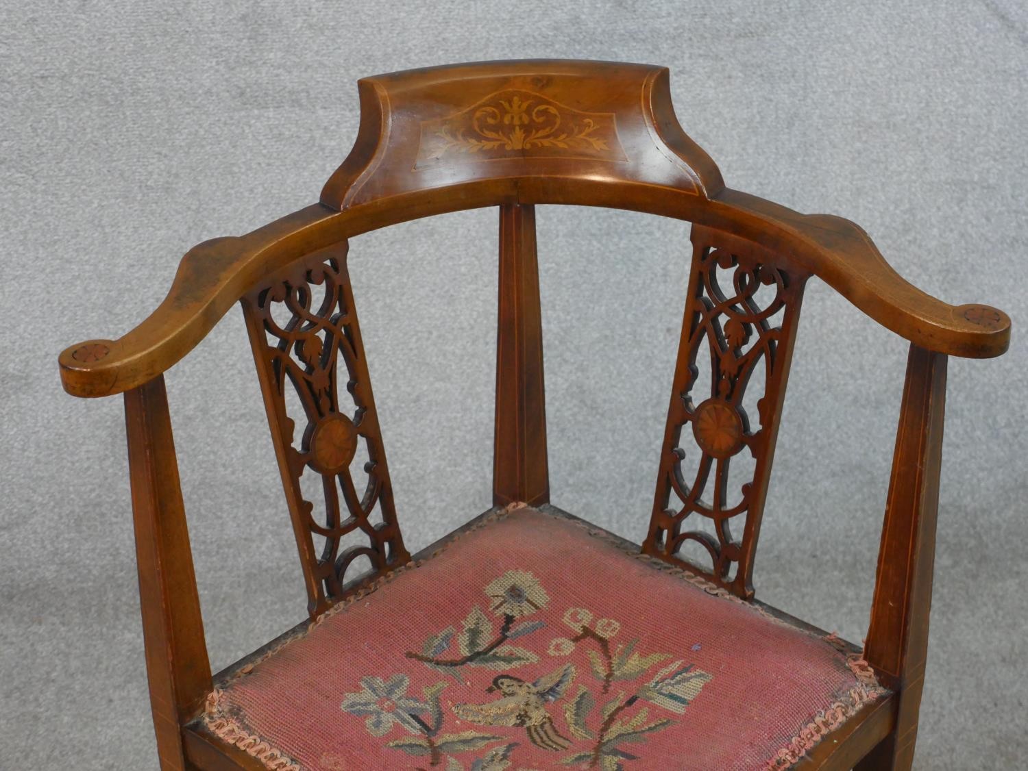 An Edwardian inlaid mahogany pierced splat back corner chair with embroidered seat, raised on X - Image 3 of 6